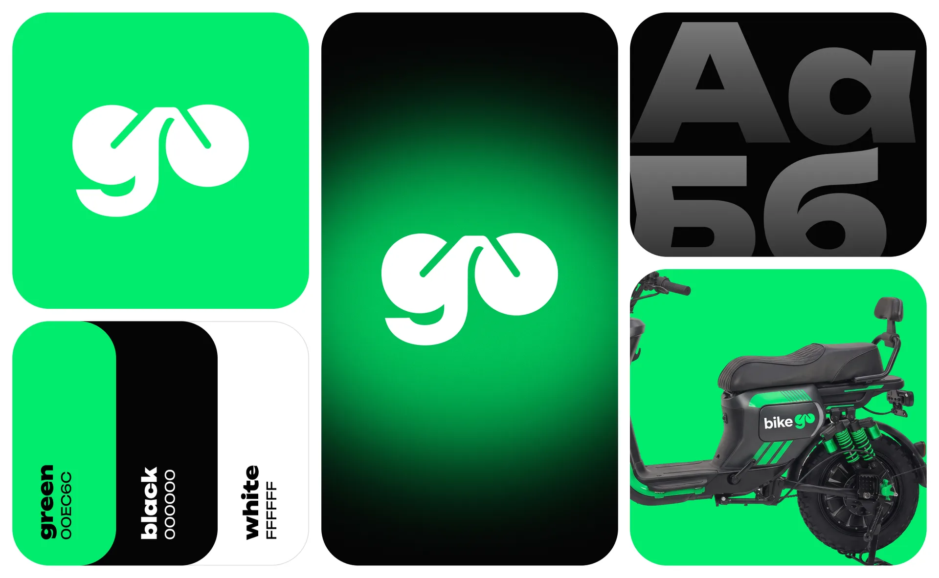 Фирменные цвета bikego, зелёный 00EC6C, чёрный и белый, знак go и шрифт Unbounded