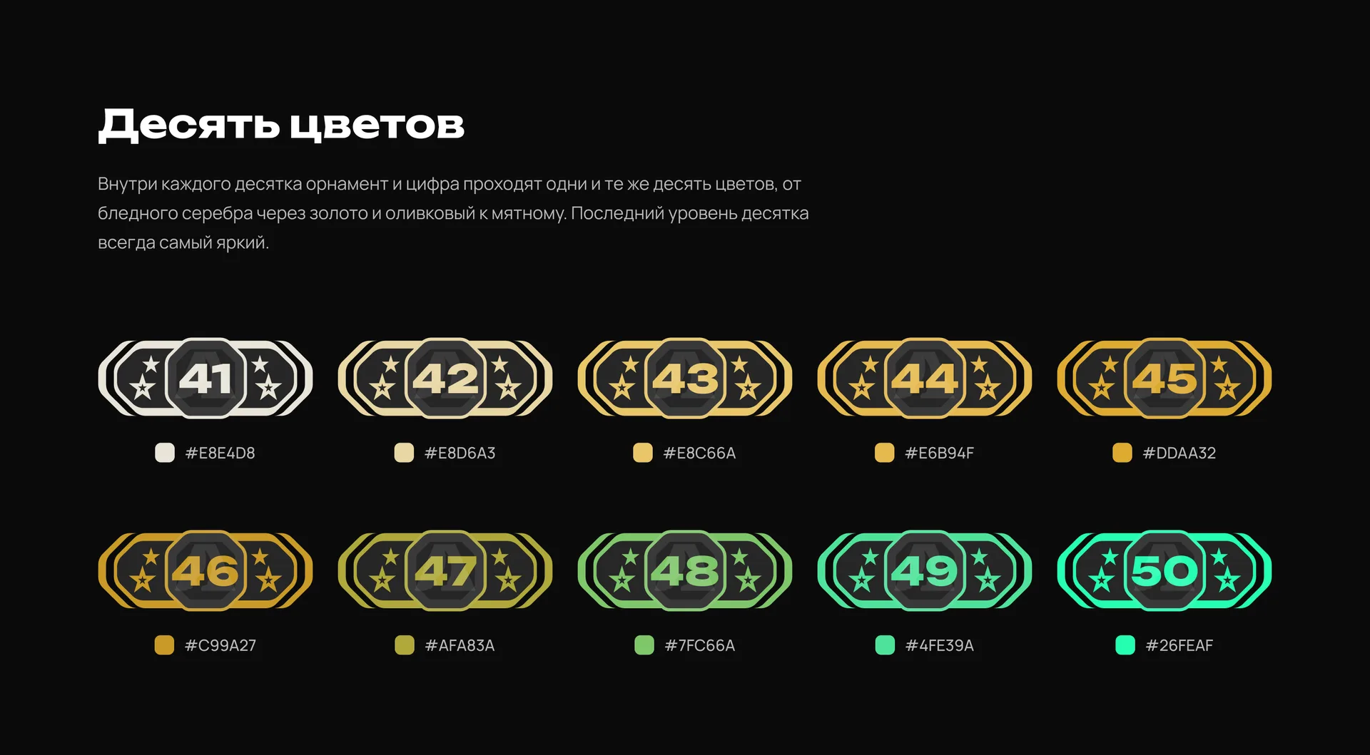 Десять цветов уровней CrazyPUB от серебра до мятного на примере уровней 41–50