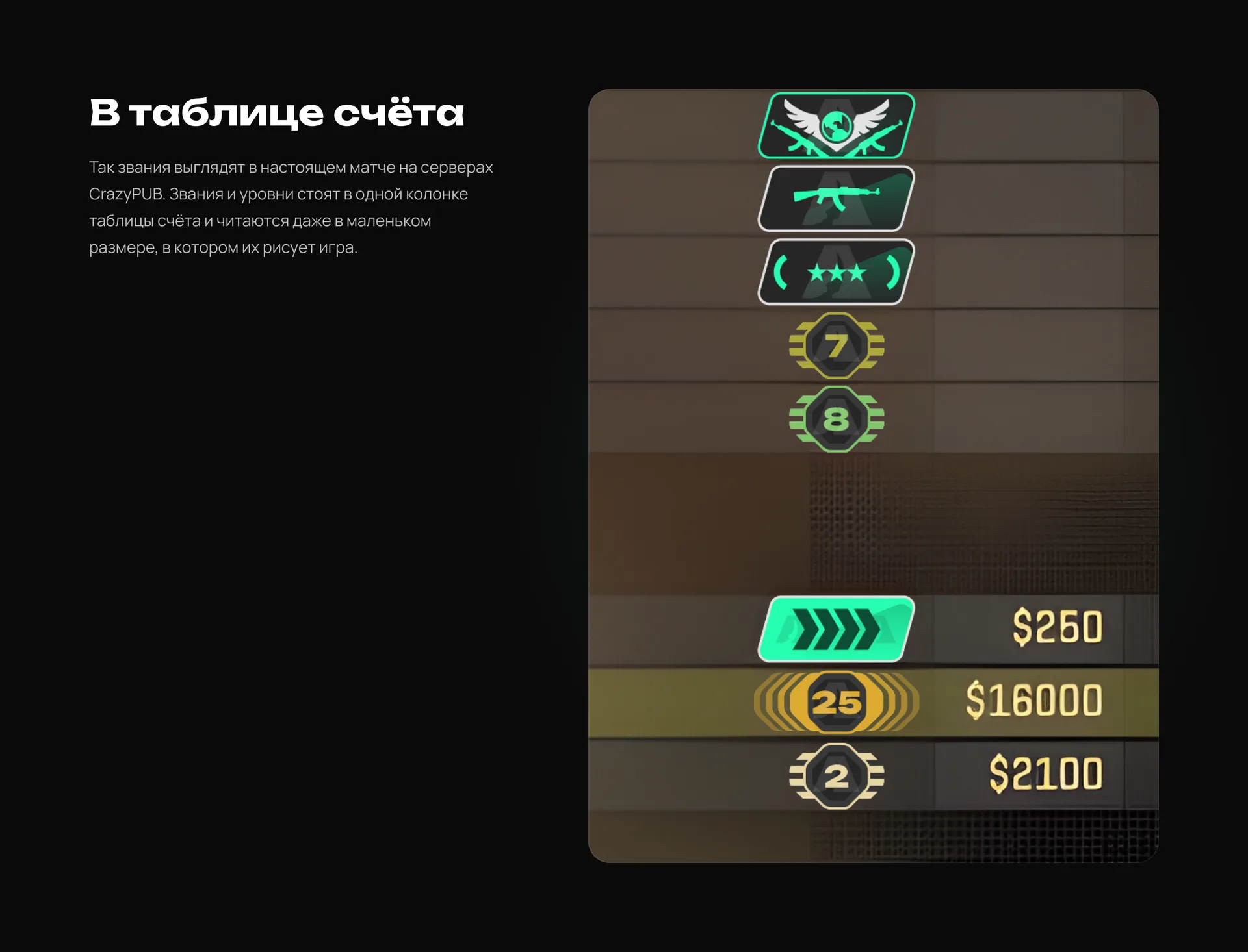 Звания и уровни CrazyPUB в таблице счёта CS2